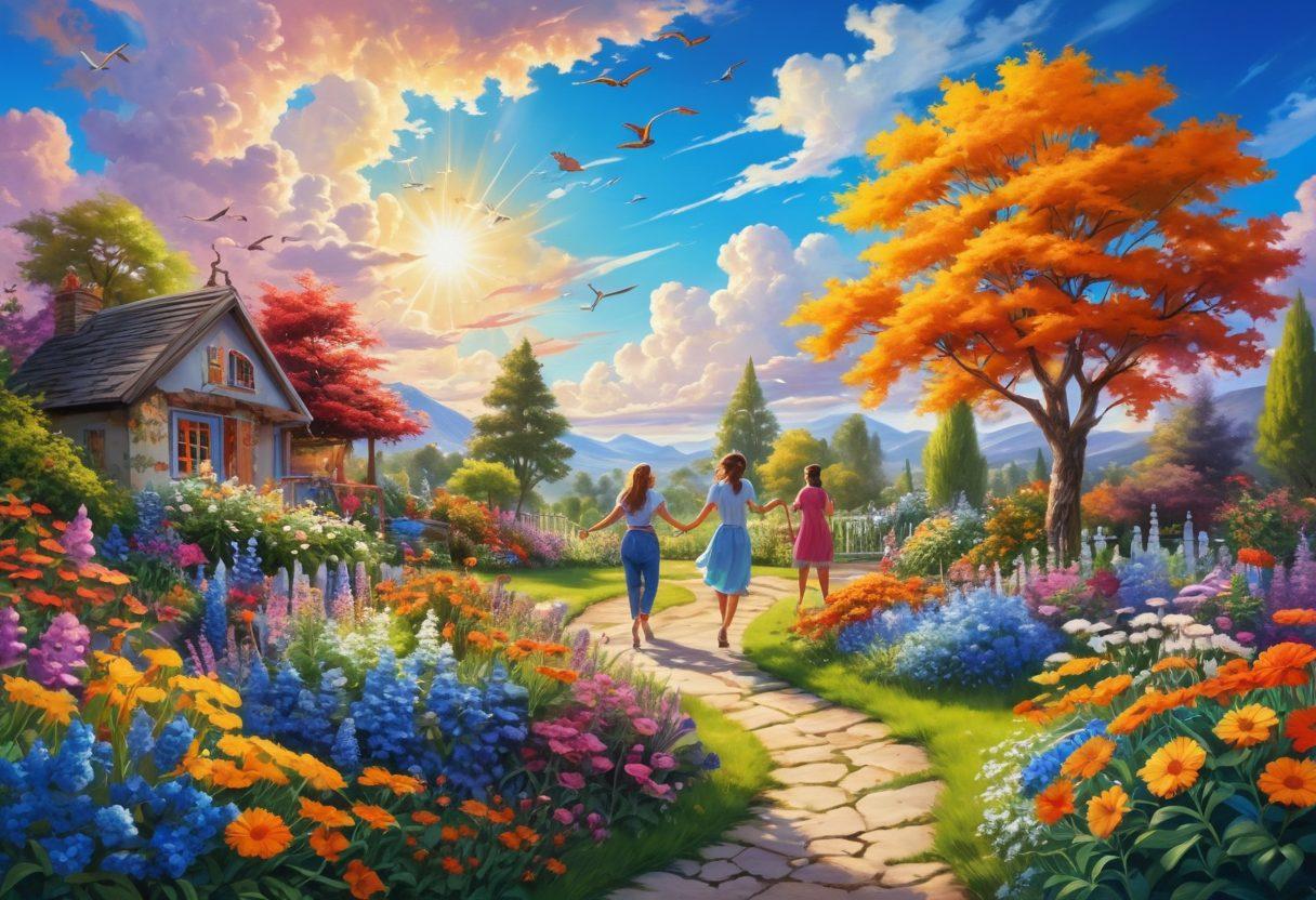 A whimsical scene depicting a vibrant garden filled with colorful flowers and playful wildlife, where a diverse group of people are joyfully engaging in various spontaneous activities, like dancing, painting, and laughing together. The sky above is a bright blue with fluffy white clouds, symbolizing optimism and joy. Ecstatic colors should dominate, emphasizing the chaotic yet cheerful atmosphere of everyday life. super-realistic. vibrant colors. sunny background.