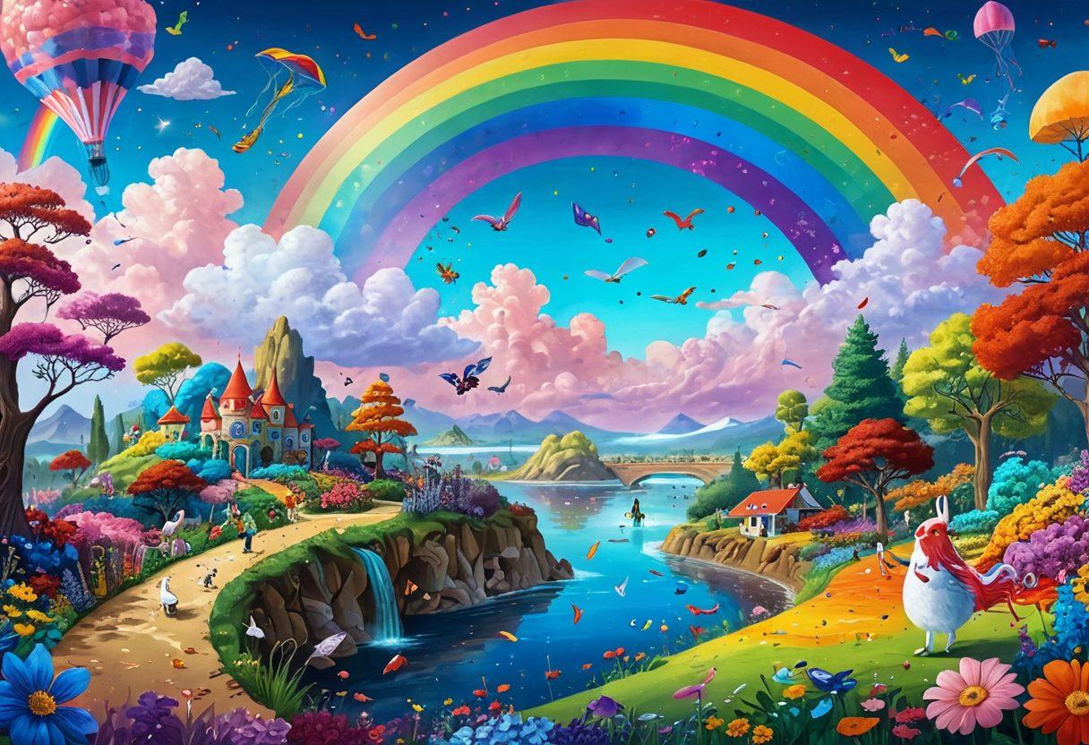 A whimsical landscape bursting with colorful, vibrant elements that intertwine fantasy and absurdity. Include enormous, smiling flowers, a giant rainbow with playful creatures sliding down, and a surreal sky filled with floating confetti. Inhabit the scene with joyful characters dancing and engaging in zany activities. The overall vibe should evoke happiness and wonder. super-realistic. vibrant colors. fantasy art.
