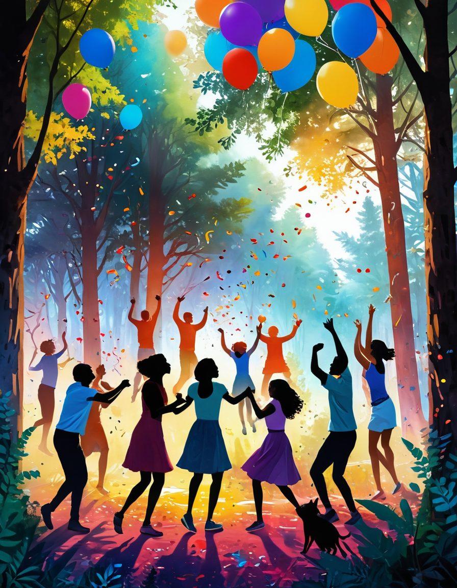 A chaotic yet joyful scene depicting a diverse group of people engaged in wild outdoor activities like dancing, painting, and playing musical instruments in a vibrant forest. Around them, colorful bursts of confetti and balloons ignite the atmosphere, with animals playfully joining in the fun. Sunshine filters through the trees, casting playful shadows, creating an inviting and exhilarating ambiance. super-realistic. vibrant colors. nature background.